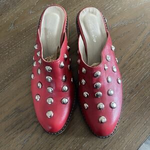 Paris Womens Studded Mules Size 7.5 /38 Shoes Red Slip On Almond Stacked Heel‎